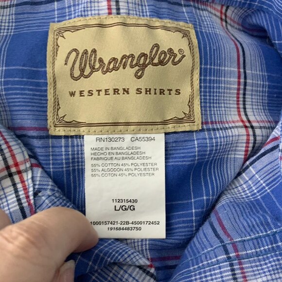 Wrangler Western Pearl Snap Shirt L Blue Plaid Short Sleeve Pockets One Point - Picture 6 of 6